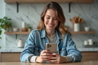 iPhone reconditionné en vitrine avec étiquette de prix réduit