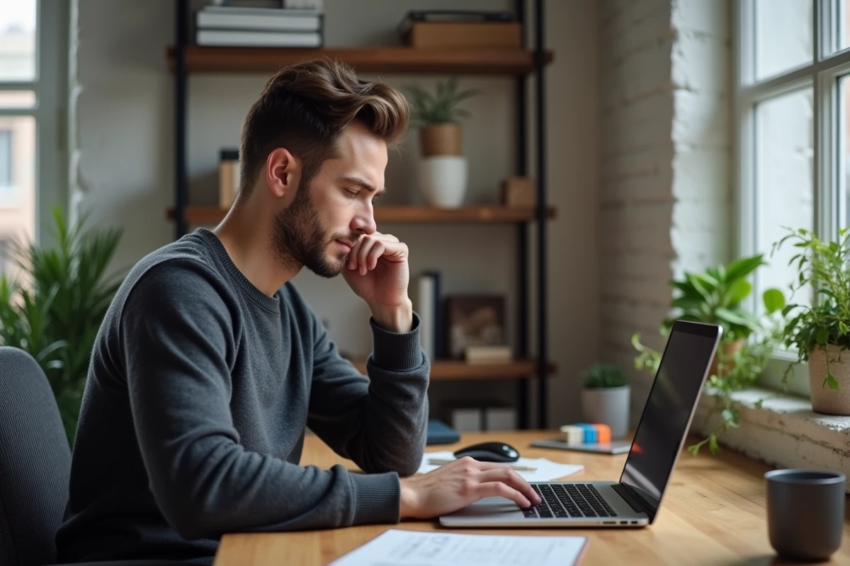 Homme organisant ses dossiers email sur un ordinateur portable dans un bureau à domicile minimaliste