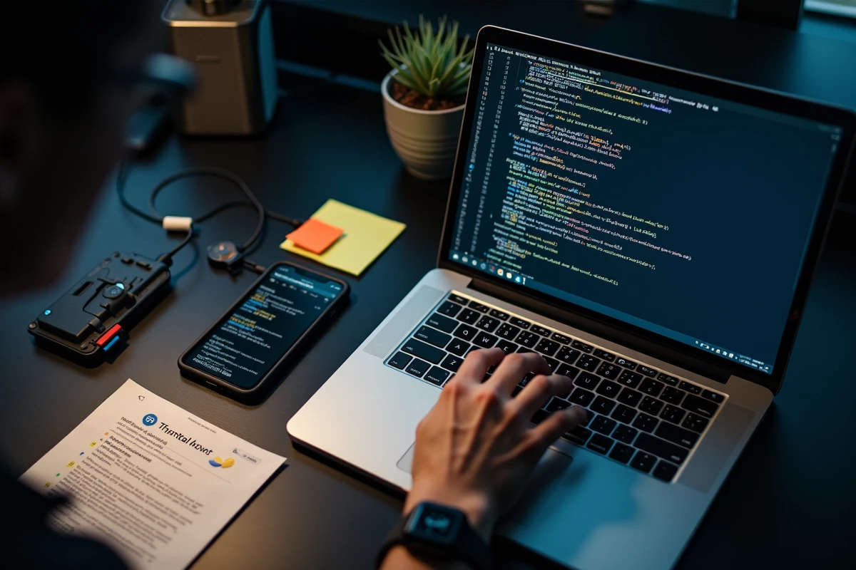 Gros plan sur un terminal affichant une erreur pip install avec des notes de débogage et un cheat sheet Python sur un bureau
