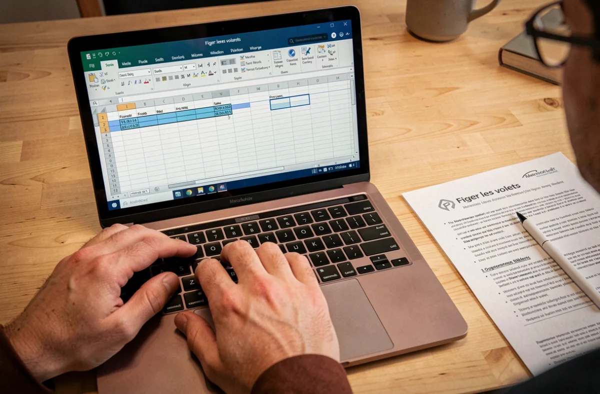 Gros plan sur des mains utilisant un ordinateur portable pour figer plusieurs lignes dans une feuille de calcul Excel
