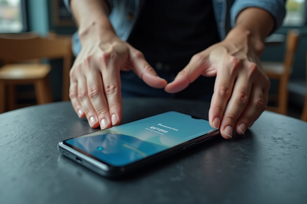 Gros plan du Samsung Galaxy S25 Ultra affichant une notification de mise à jour logicielle posé sur une surface en ardoise dans un café