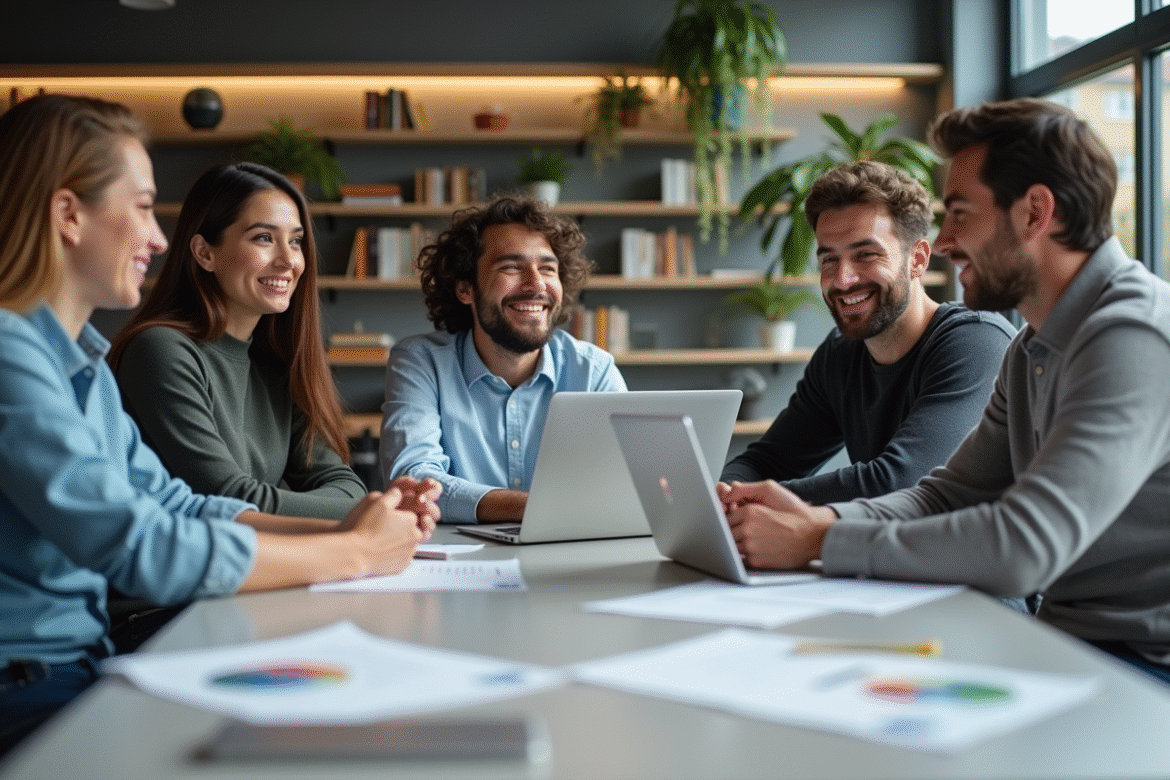 Cinq adultes en réunion autour d'un test utilisateur
