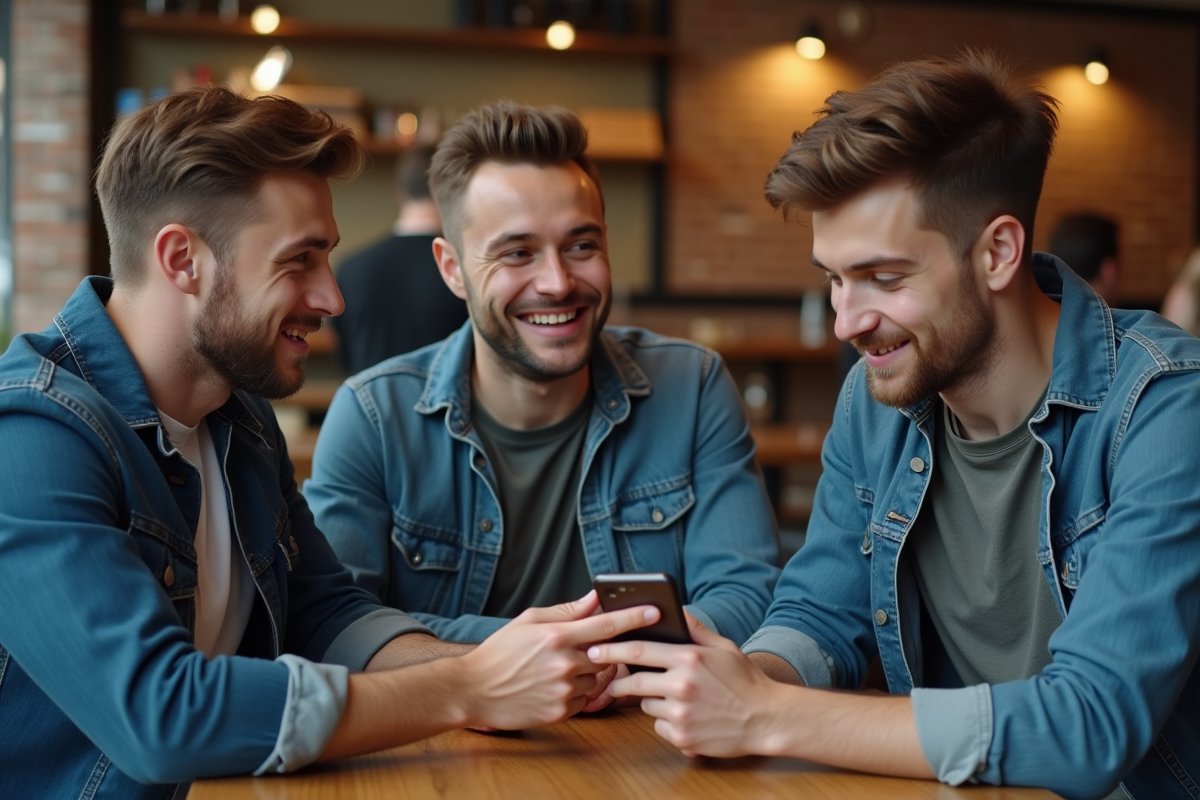 Trois jeunes discutant avec un smartphone affichant 100000 vues TikTok