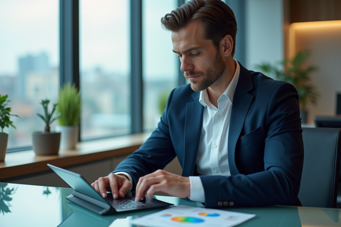 Homme d'affaires en costume bleu regardant des graphiques