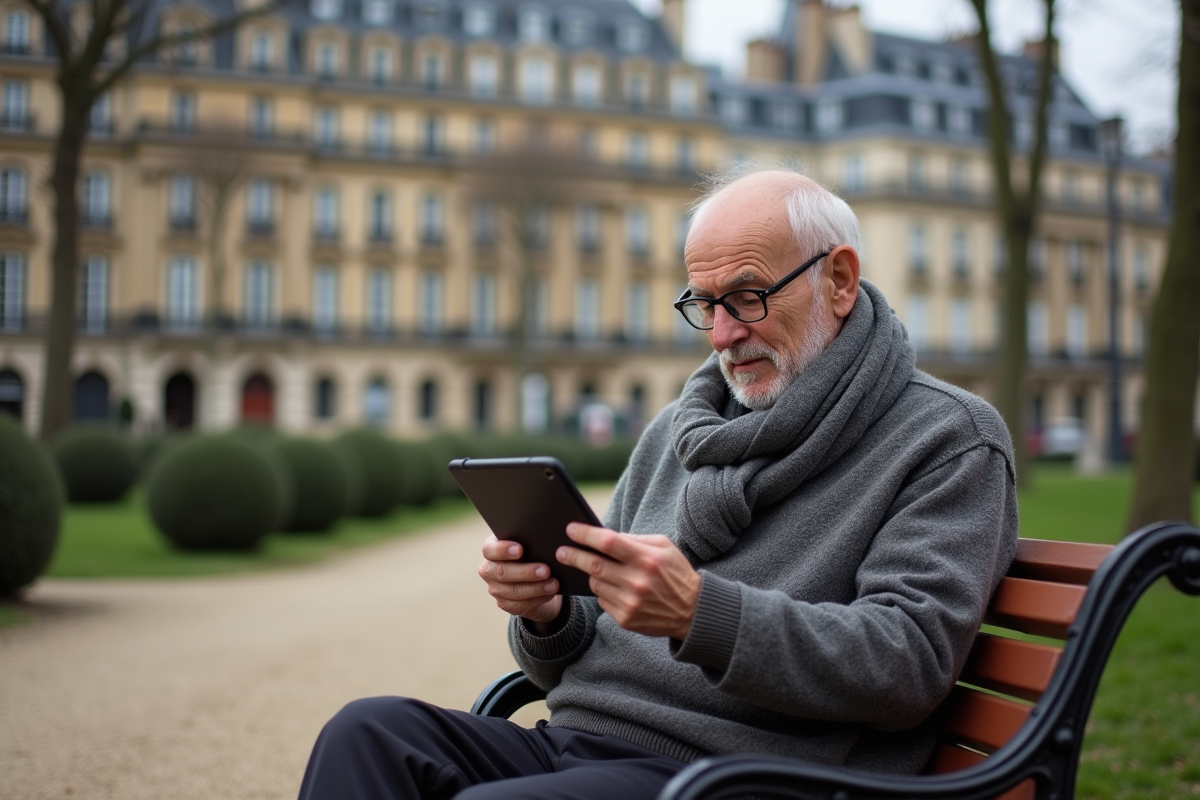 Homme âgé utilisant tablette avec chatbot dans un parc