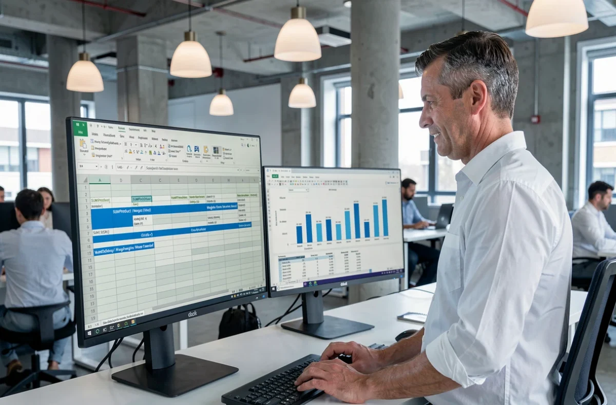 Professionnel masculin analysant des formules Excel de moyenne pondérée sur un double écran dans un bureau en open space contemporain