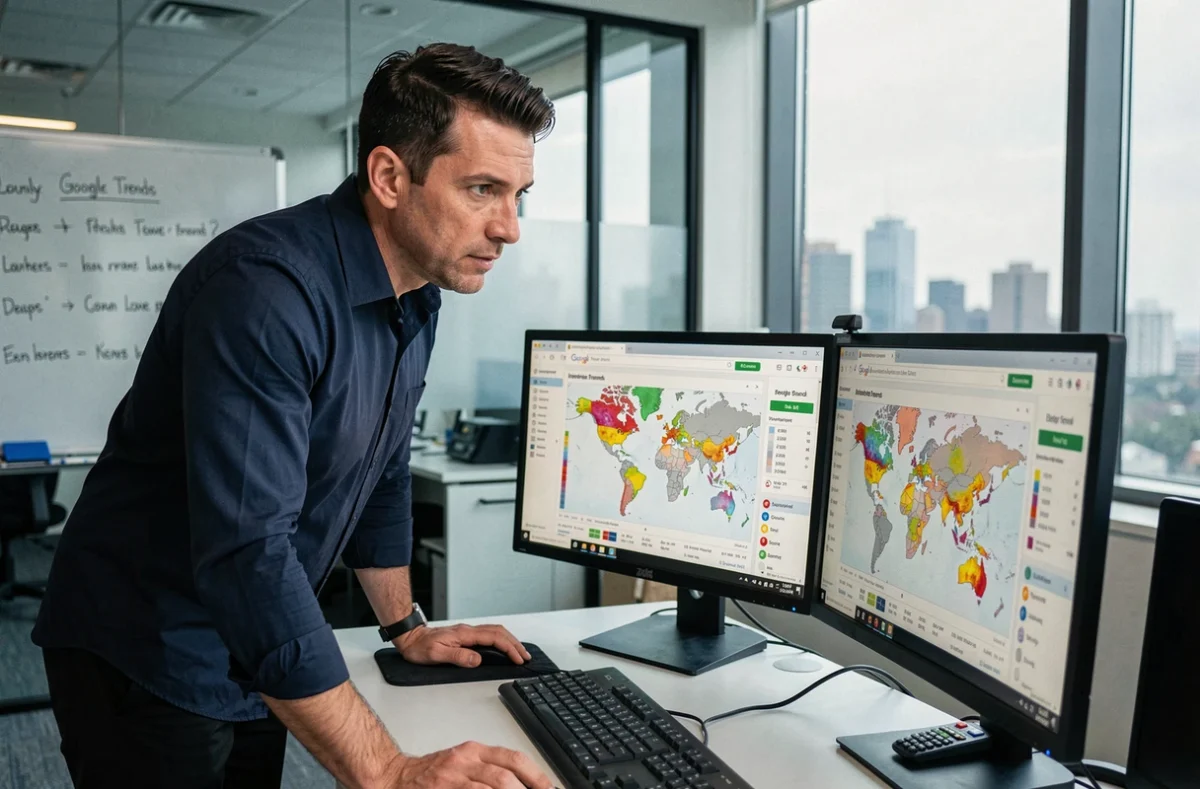 Homme analysant les tendances Google USA sur deux écrans dans un bureau moderne