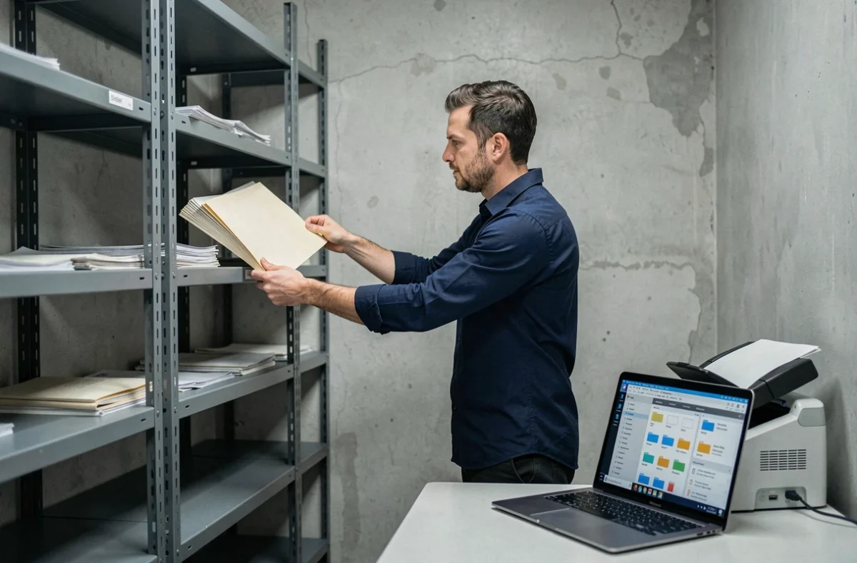 Homme rangeant le dernier dossier d'une étagère presque vide grâce à la numérisation des archives avec un scanner de documents