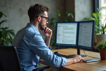 Homme en chemise bleue compare deux applications email