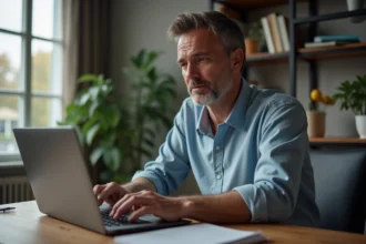Homme d'âge moyen au bureau regardant un ordinateur portable