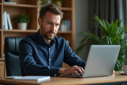 Homme d'âge moyen travaillant sur son ordinateur dans un bureau