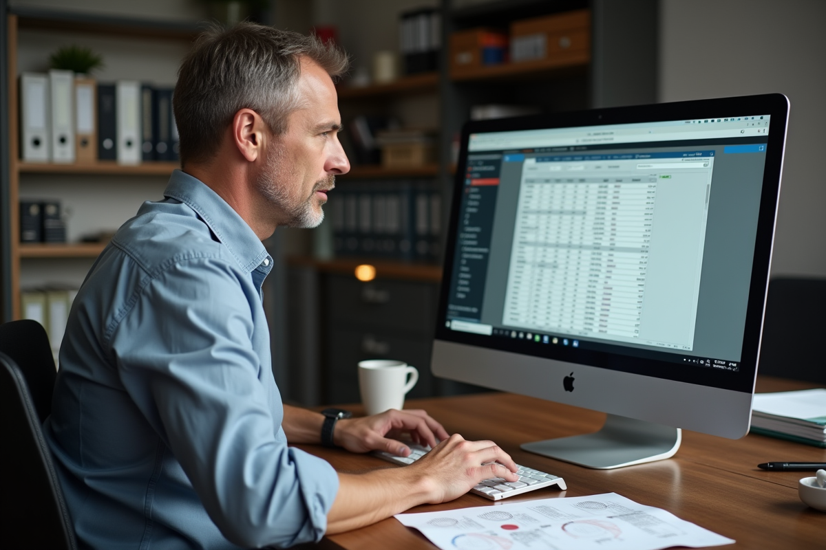 Homme d age moyen travaille sur une base de donnees dans un bureau