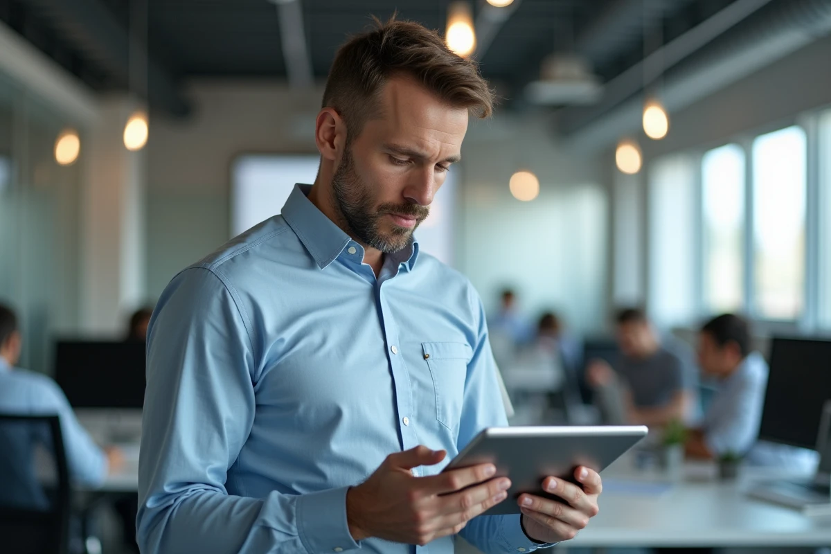 Homme au coworking regardant une tablette dans un espace moderne