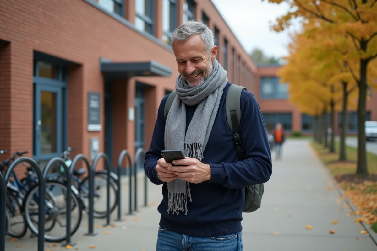 Homme devant une école regardant son smartphone