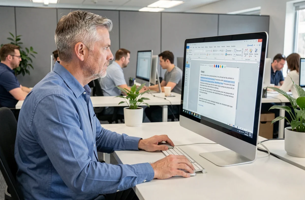 Homme en bureau professionnel appliquant l'effet miroir dans Word sur un grand écran de bureau, vue en plan large