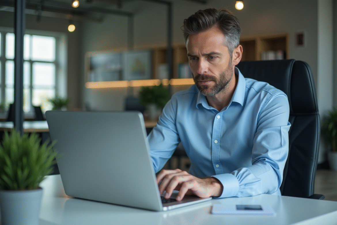 Homme d'affaires en train de chiffrer un PDF sur son ordinateur