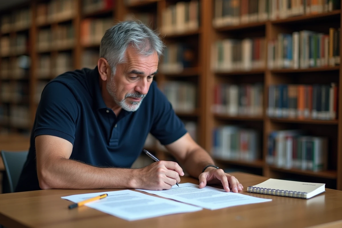 Homme consultant des fiches de cours informatique pour débutants dans une bibliothèque publique