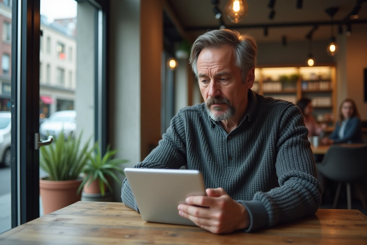 Homme freelance analysant des données dans un café cosy