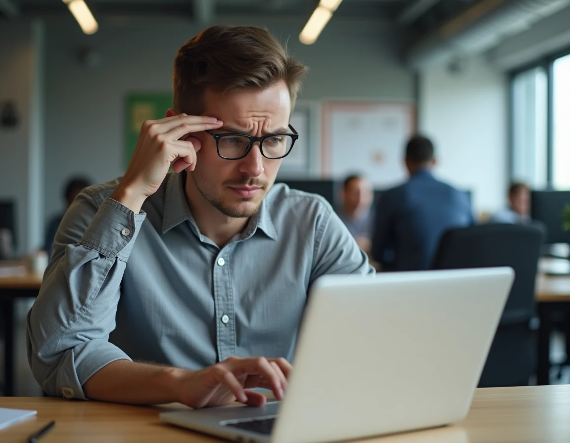 Homme frustré devant un écran d'ordinateur affichant une erreur de messagerie Mel dans un bureau moderne