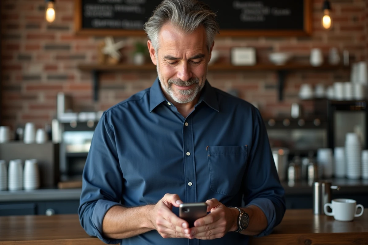 Homme vérifiant la localisation d'un appareil perdu via iCloud Find sur iPhone dans un café