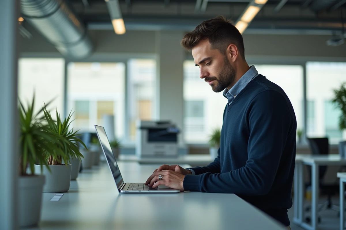 Homme d affaires regardant son email sur un laptop