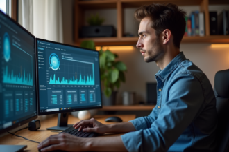 Jeune homme vérifiant performance CPU sur son ordinateur