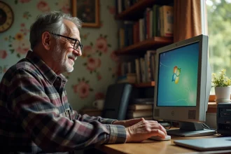 Homme d'âge moyen utilisant un ordinateur Windows 7 dans un bureau