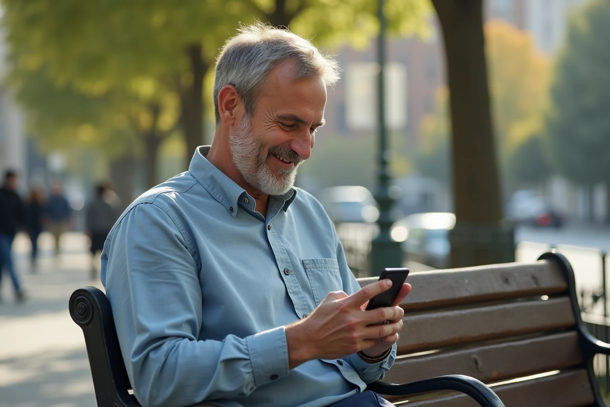 Homme souriant réglant un rappel d anniversaire sur son téléphone dans un parc