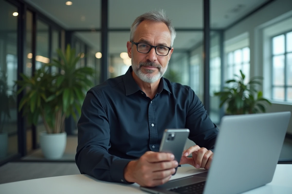 Homme en entreprise affichant le presse-papier natif Android sur son smartphone