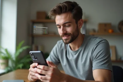 Homme utilisant le presse-papier Android sur son smartphone dans un bureau à domicile