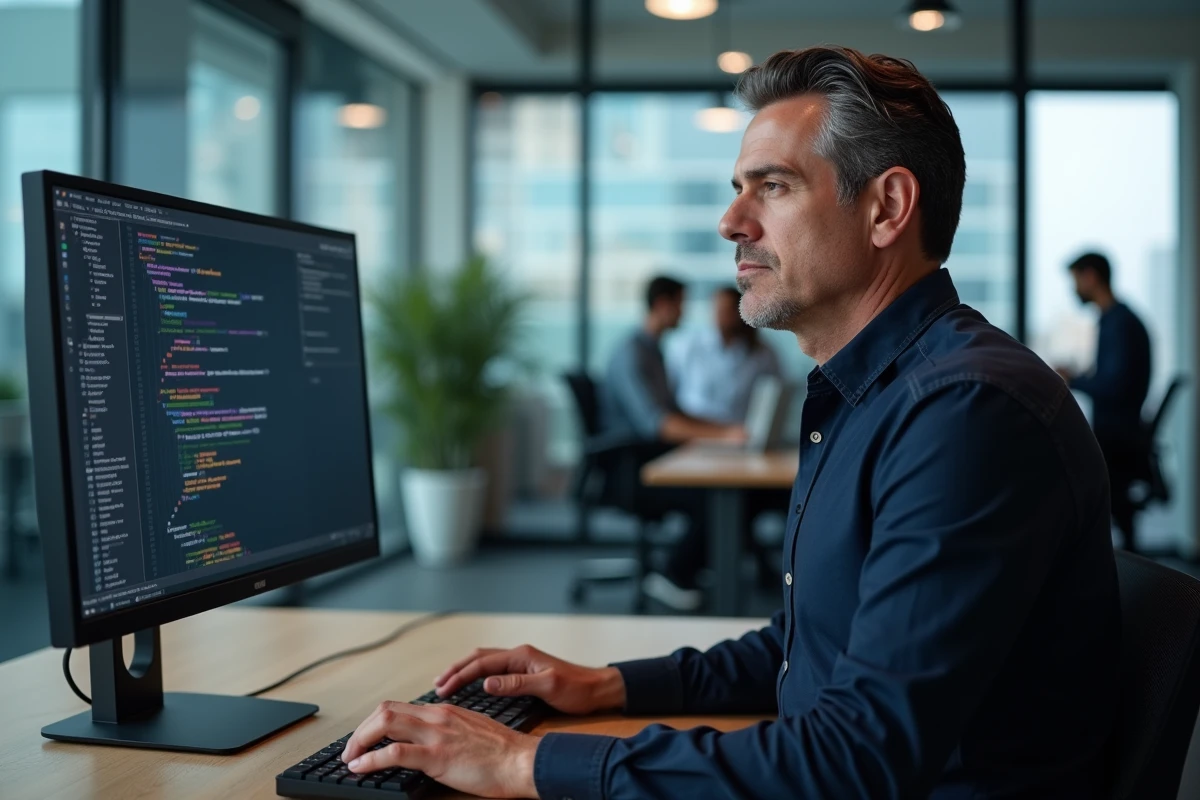 Homme en open space consultant des raccourcis clavier fléchés sur un écran d'ordinateur professionnel