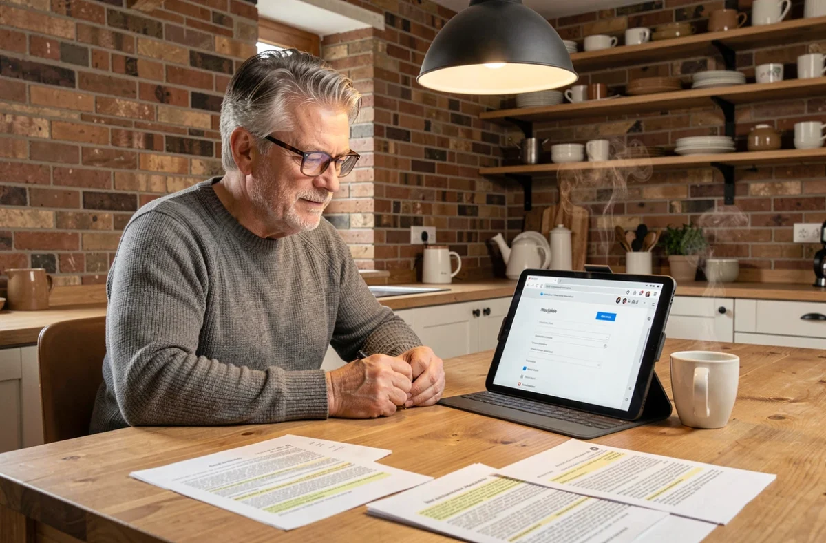 Homme consultant les règles légales d'utilisation de Google depuis sa tablette à la maison