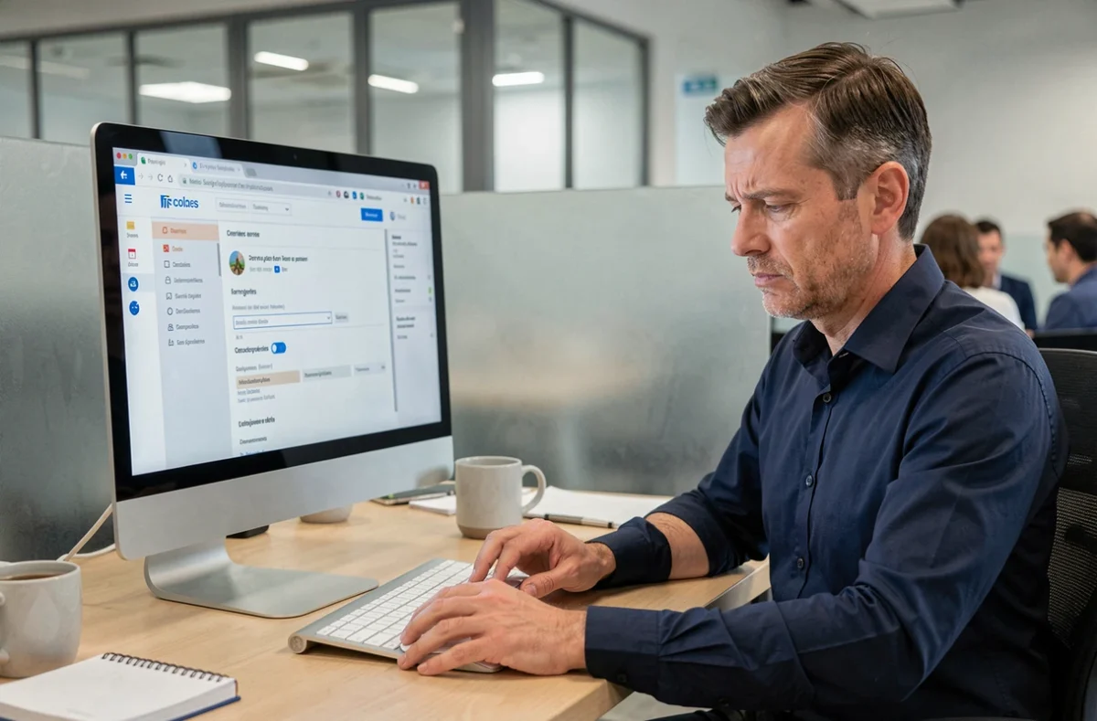 Homme réglant les paramètres de messagerie webmail Orange sur un écran d'ordinateur de bureau en entreprise