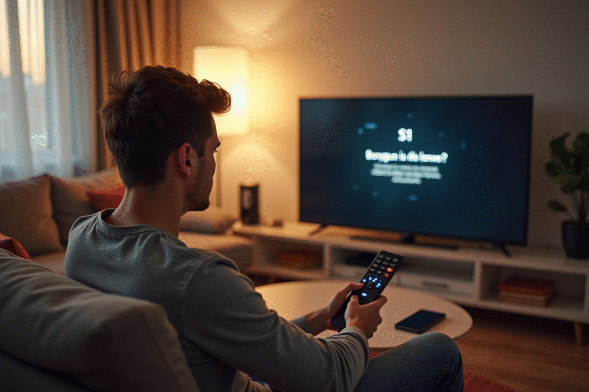 Jeune homme frustré regardant la télévision avec erreur S1