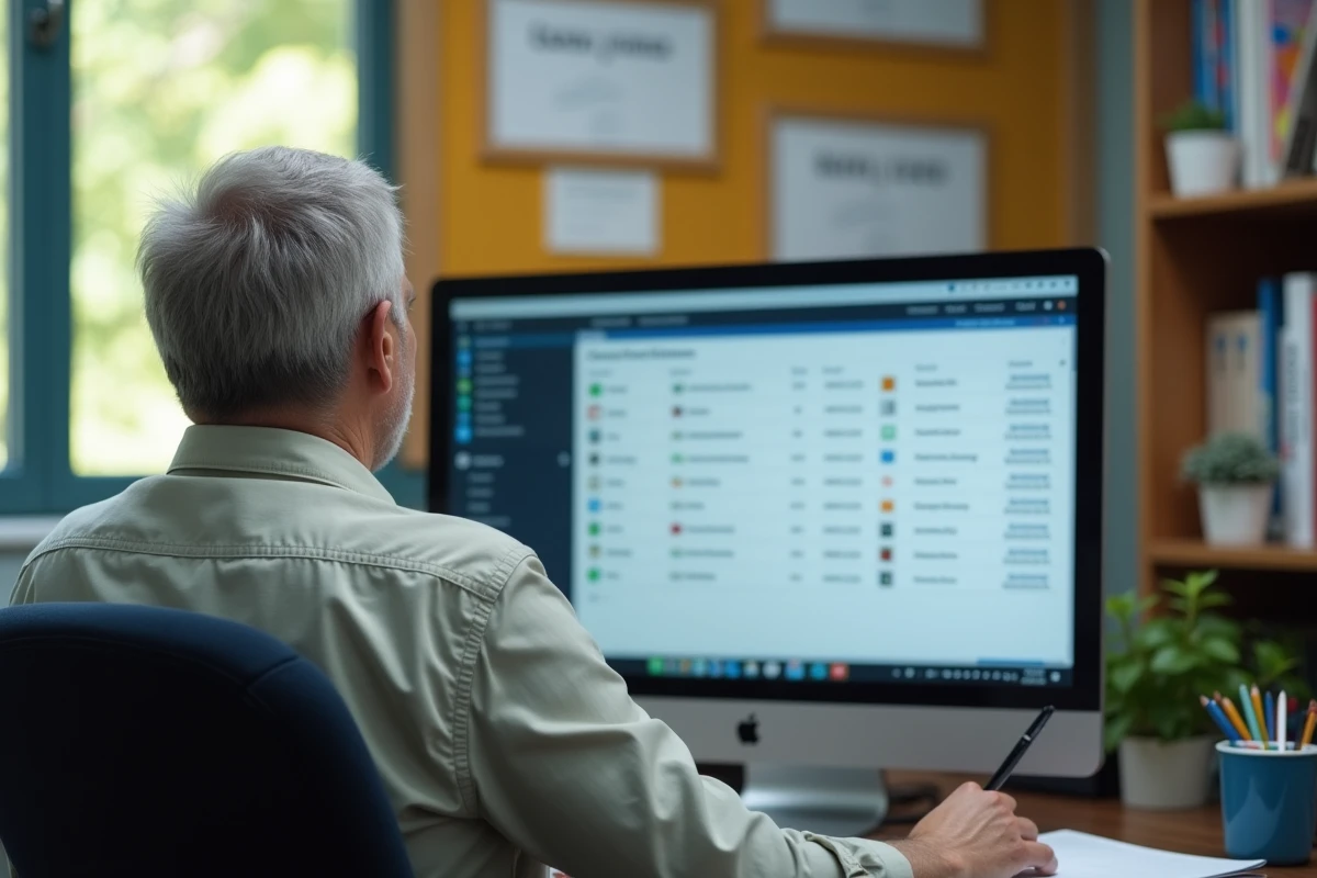 Homme d âge moyen regarde son écran dans une salle de classe