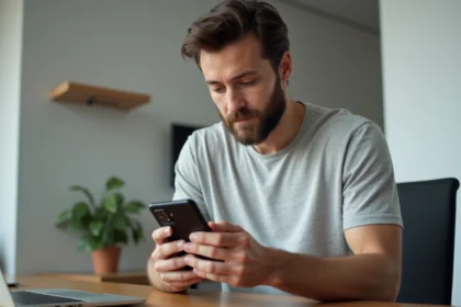 Homme tenant un Samsung Galaxy S25 Ultra et consultant les nouvelles mises à jour logicielles 2026 dans un bureau à domicile