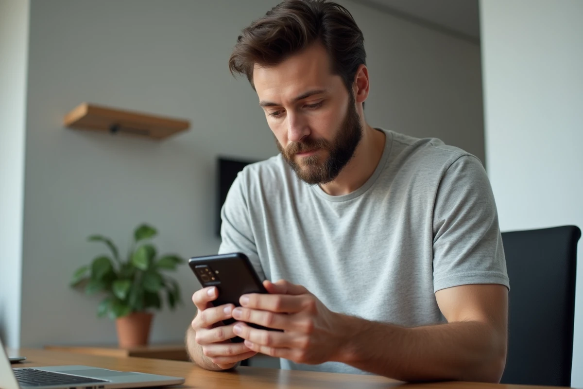 Homme tenant un Samsung Galaxy S25 Ultra et consultant les nouvelles mises à jour logicielles 2026 dans un bureau à domicile