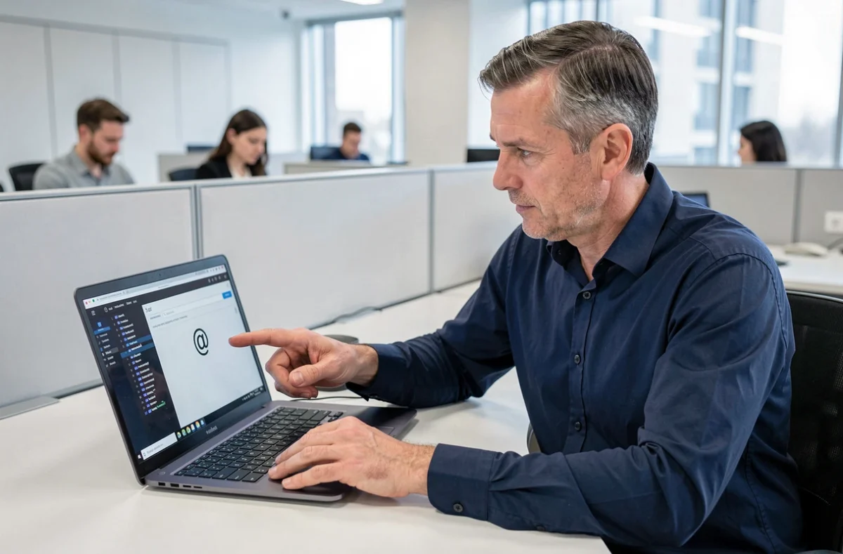 Homme d'âge moyen utilisant un ordinateur portable pour écrire le signe arobase dans un bureau