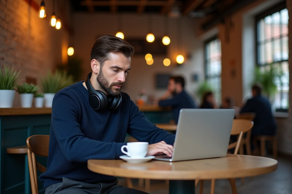 Homme écoutant de la musique en streaming sur ordinateur portable dans un café urbain, avec casque audio, représentant l'utilisation de données pour Spotify et YouTube
