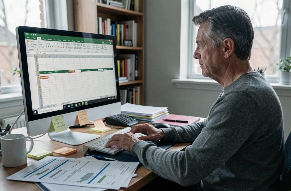 Homme en télétravail configurant le blocage de plusieurs lignes dans Excel via le menu Affichage sur un grand écran de bureau