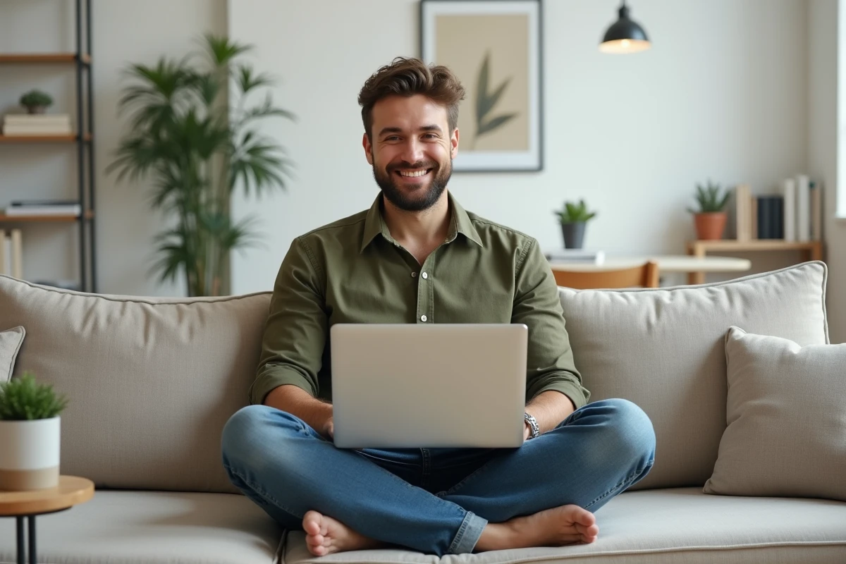 Homme travaillant depuis chez lui sur une plateforme IA de génération de visuels marketing avec plusieurs formats de campagne affichés sur un laptop