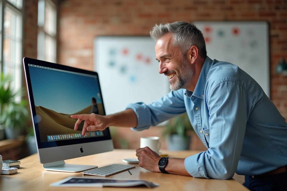 Homme expliquant l'utilisation de Paint sur MacBook dans un studio créatif