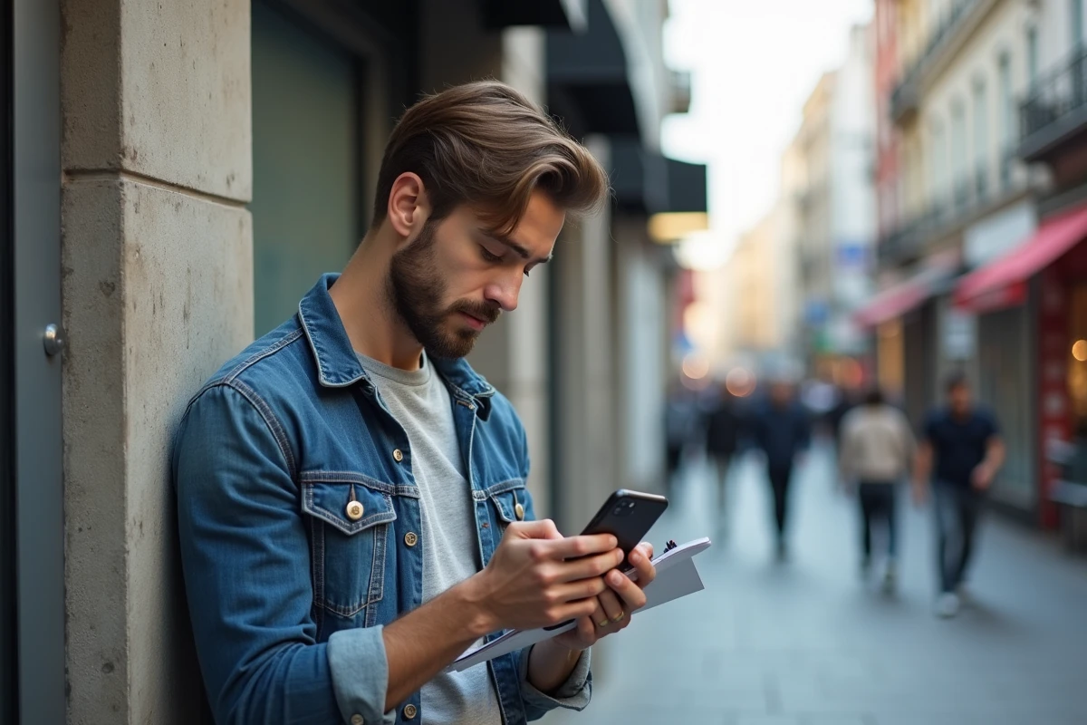 Homme en ville comparant smartphone et notepad