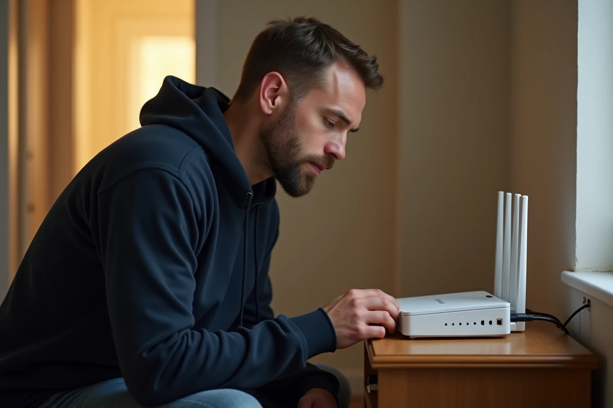 Homme inspectant les voyants d'un routeur internet pour diagnostiquer un problème de connexion réseau