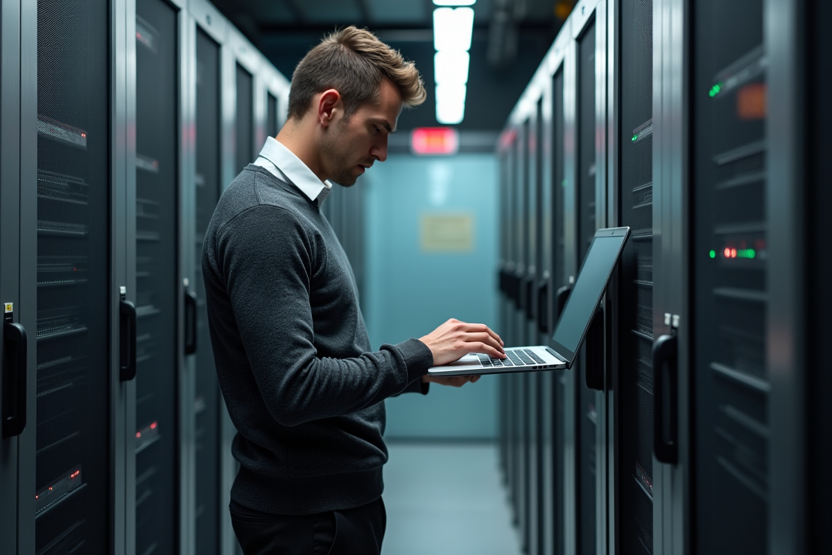 Homme en pull met à jour la sécurité dans une salle serveurs