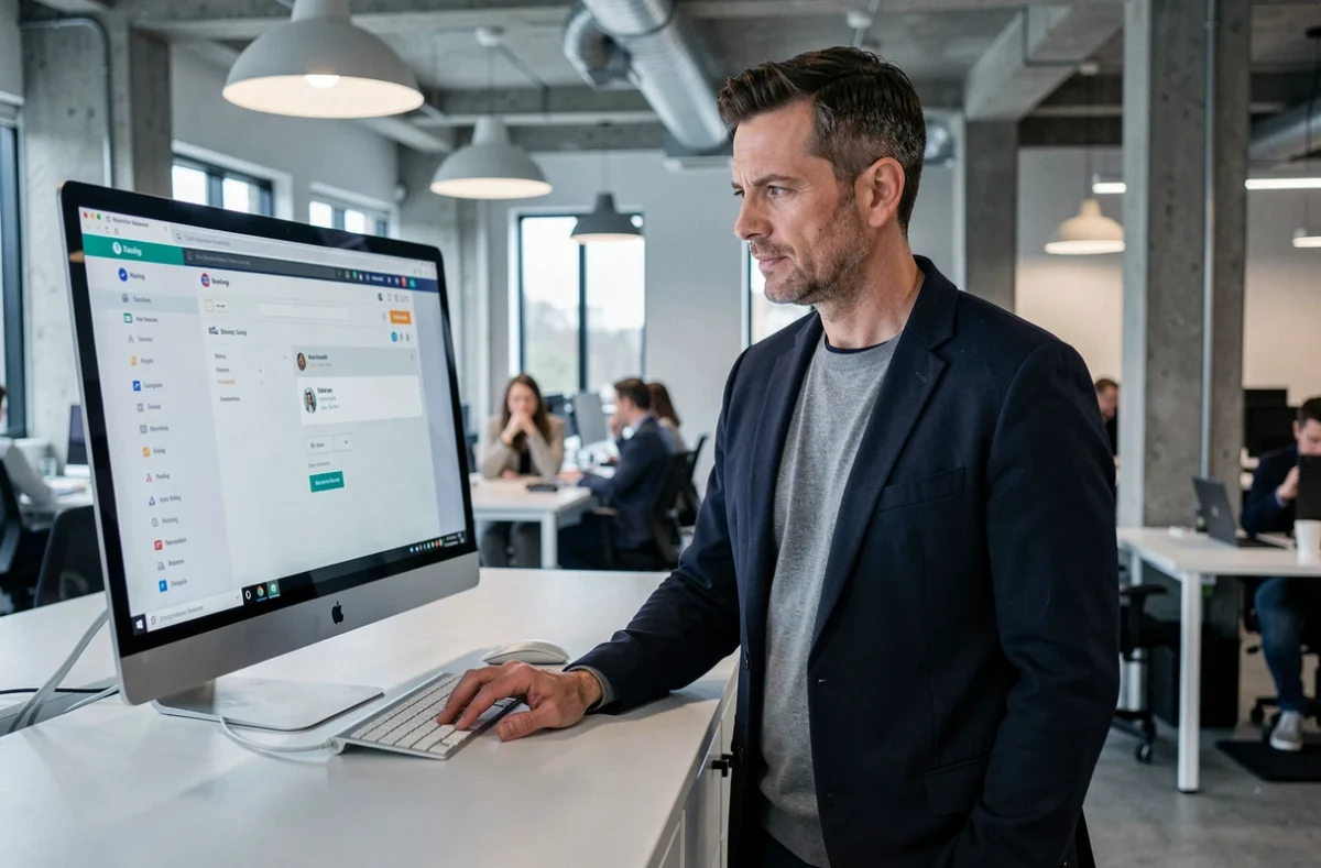 Homme d'affaires consultant sa messagerie webmail sur un grand écran dans un espace de coworking