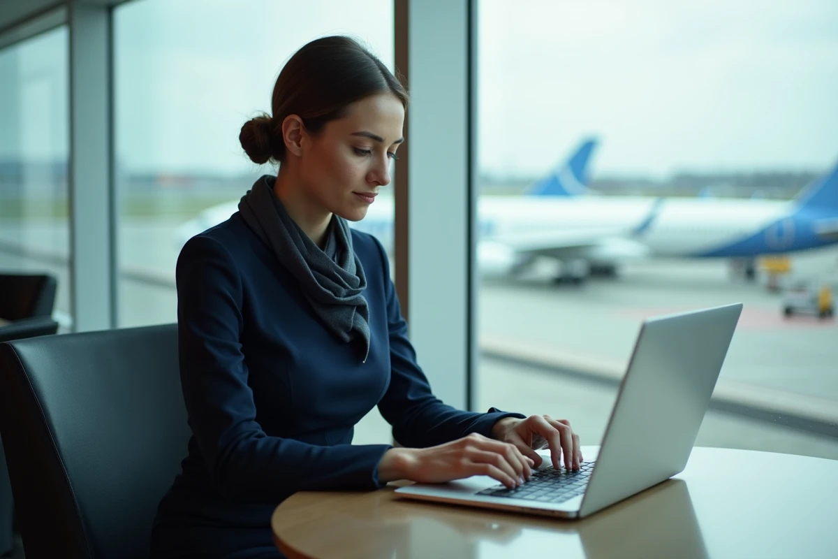 Hôtesse de vol en uniforme dans un lounge aéroport