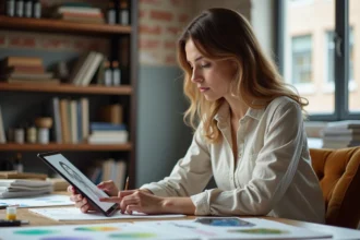Illustratrice professionnelle comparant ses dessins traditionnels avec des créations générées par intelligence artificielle sur tablette dans son atelier artistique
