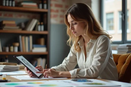Illustratrice professionnelle comparant ses dessins traditionnels avec des créations générées par intelligence artificielle sur tablette dans son atelier artistique