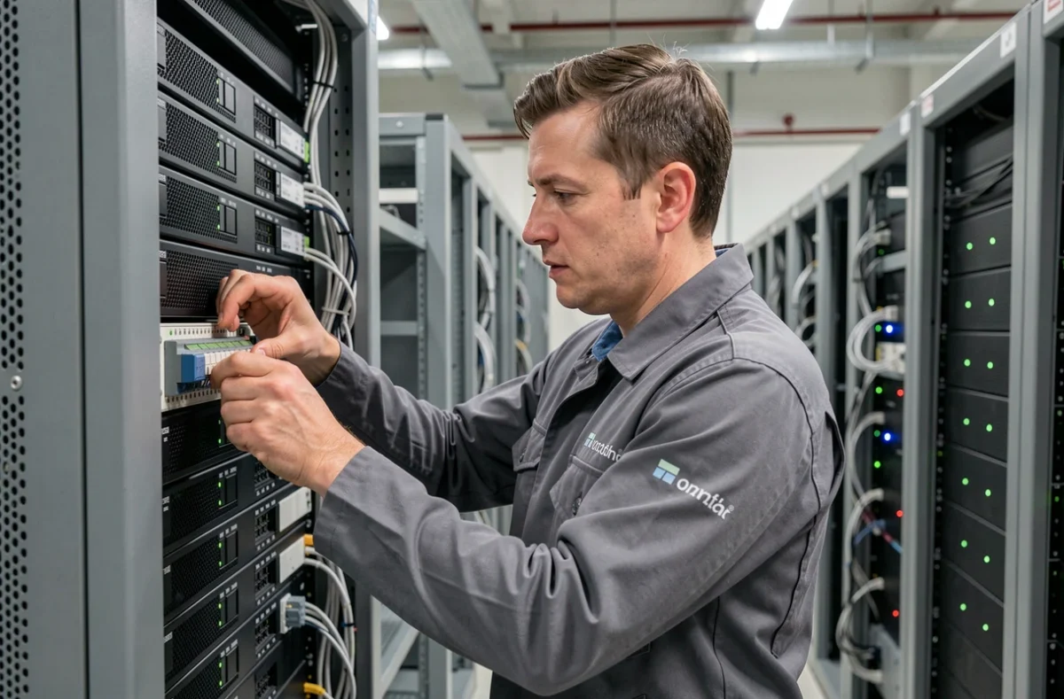 Technicien Infranat installant un switch réseau dans une baie serveur professionnelle en Lorraine